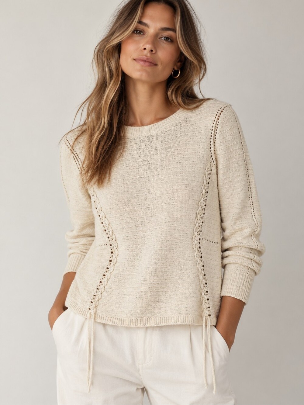 White + Warren Oatmeal Laced Up Open & Rib Stitch Textural Cotton Sweater Small